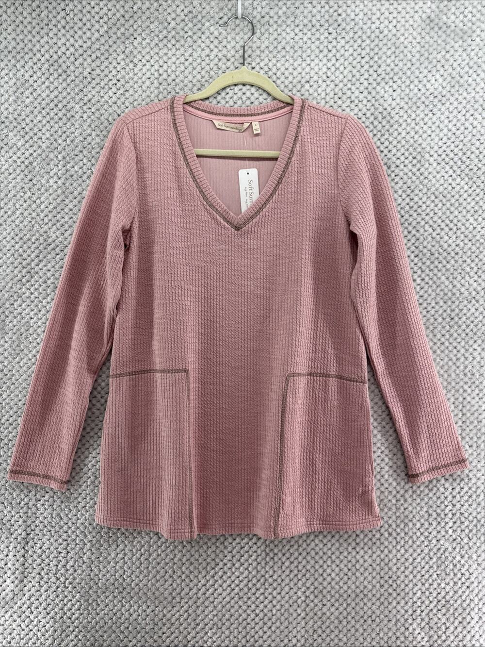 Soft Surroundings Nellie Tunic Top Womens S Mauve Cotton Textured Pockets V-Neck